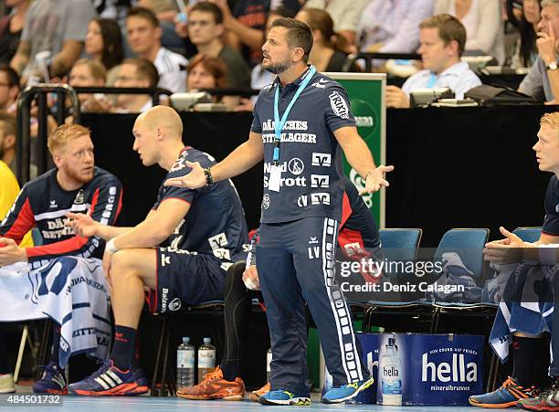 Coach Ljubomir Vranjes of Flensburg-Handewitt reactscoach Ljubomir Vranjes at Porsche-Arena on August 19, 2015 in Stuttgart, Germany.