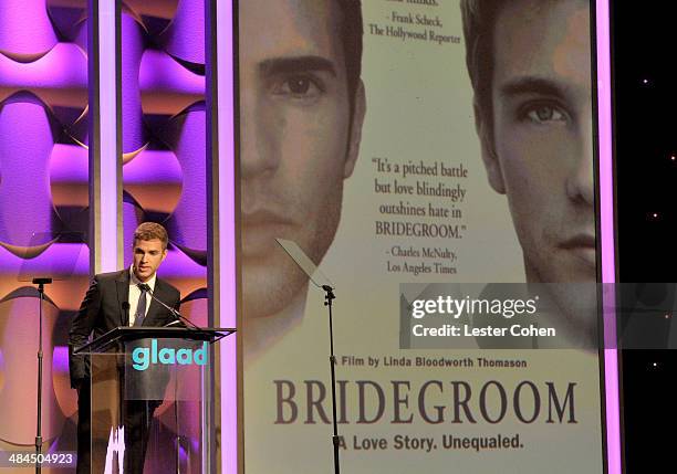 Filmmaker Shane Bitney Crone onstage during the 25th Annual GLAAD Media Awards at The Beverly Hilton Hotel on April 12, 2014 in Los Angeles,...