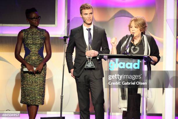 Actress Lupita Nyong'o, filmmaker Shane Bitney Crone, and Producer Linda Bloodworth-Thomason onstage during the 25th Annual GLAAD Media Awards at The...