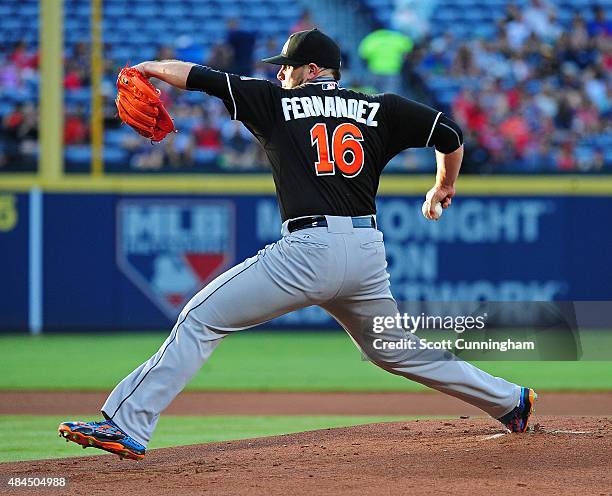 Jose Fernandez of the Miami Marlins throws a first inning pitch against the Atlanta Braves at Turner Field on August 7, 2015 in Atlanta, Georgia.