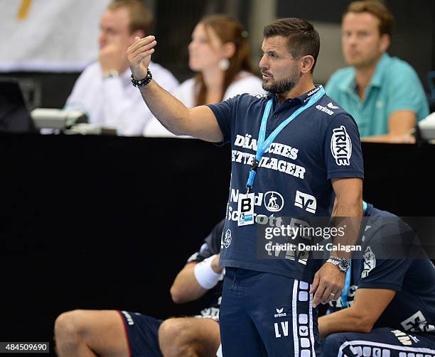 Coach Ljubomir Vranjes of Flensburg-Handewitt reacts during the Pixum Super Cup between THW Kiel and SG Flensburg Handewitt at Porsche-Arena on...