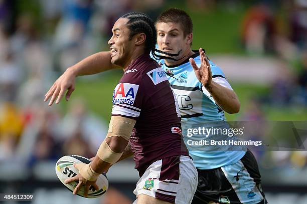 Steve Matai of the Sea Eagles looks to pass the ball during the round 6 NRL match between the Manly-Warringah Sea Eagles and the Cronulla-Sutherland...