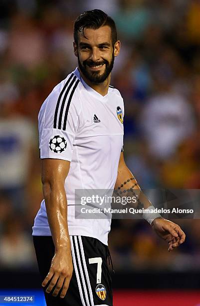 Alvaro Negredo of Valencia reacts during the UEFA Champions League Qualifying Round Play Off First Leg match between Valencia CF and AS Monaco at...