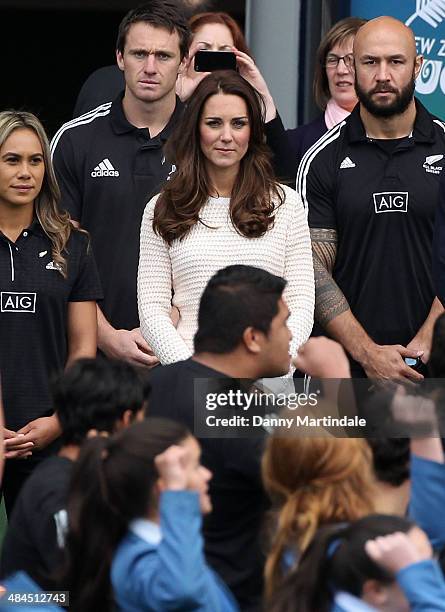 Catherine, Duchess of Cambridge watches the Haka before a Rippa Rugby tornement at Forsyth Barr Stadium on April 13, 2014 in Dunedin, New Zealand....