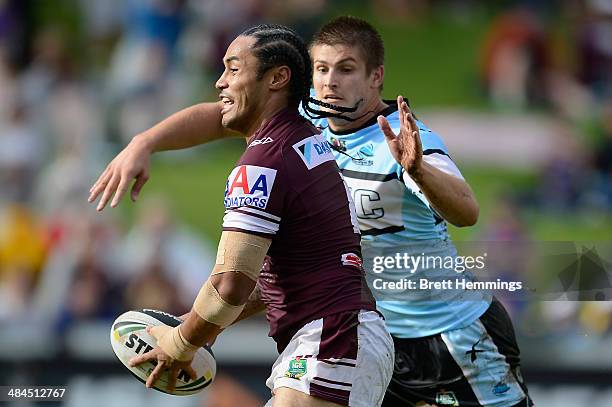 Steve Matai of the Sea Eagles looks to pass the ball during the round 6 NRL match between the Manly-Warringah Sea Eagles and the Cronulla-Sutherland...