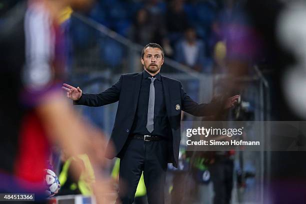 Head coach Slavisa Jokanovic of Tel Aviv reacts during the UEFA Champions League qualifying round play off first leg match between FC Basel and...