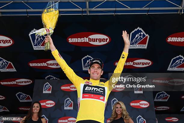 Brent Bookwalter of United States riding for BMC Racing poses for a photo in the leader's jersey after stage three from Copper Mountain to Aspen of...