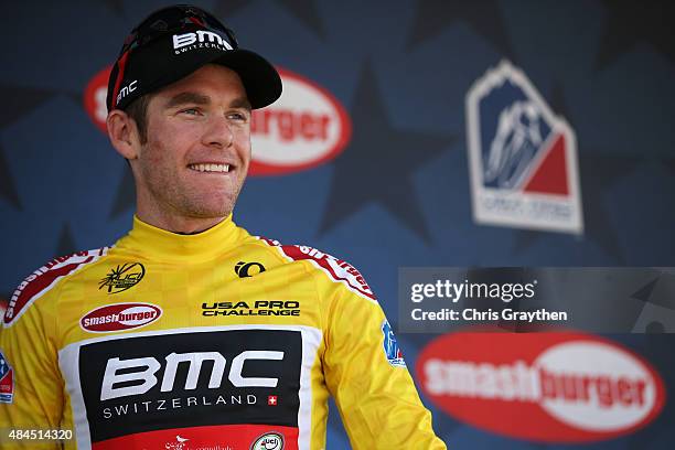 Brent Bookwalter of United States riding for BMC Racing poses for a photo in the leader's jersey following stage three from Copper Mountain to Aspen...