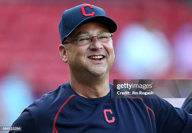 Terry Francona of the Cleveland Indians reacts during batting practice before a game with the Boston Red Sox on August 19, 2015 in Boston,...