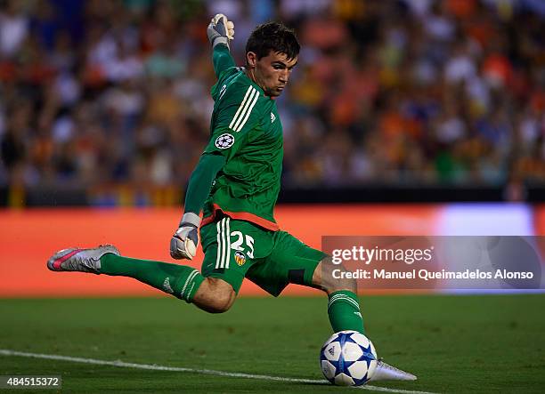 Mathew Ryan of Valencia in action during the UEFA Champions League Qualifying Round Play Off First Leg match between Valencia CF and AS Monaco at...
