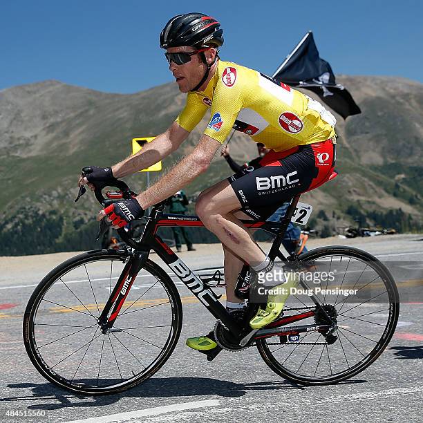 Brent Bookwalter of United States riding for BMC Racing makes the climb of Independence Pass as he defends the overall race leader yellow jersey in...