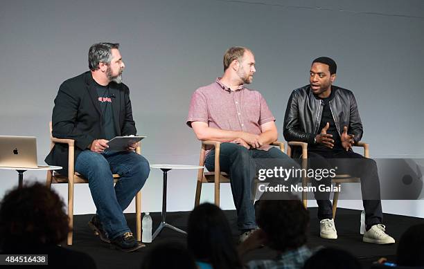 Journalist David Fear, director Craig Zobel and actor Chiwetel Ejiofor attend Meet The Filmmaker: "Z for Zachariah" at Apple Store Soho on August 19,...