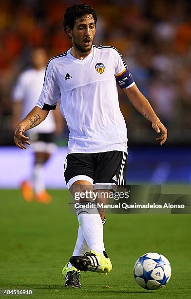 Daniel Parejo of Valencia in action during the UEFA Champions League Qualifying Round Play Off First Leg match between Valencia CF and AS Monaco at...