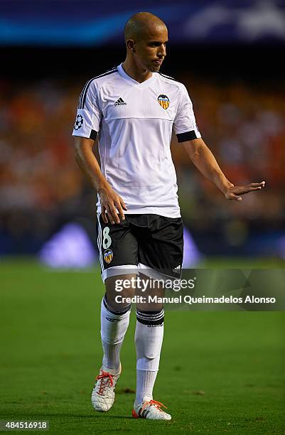 Sofiane Feghouli of Valencia reacts during the UEFA Champions League Qualifying Round Play Off First Leg match between Valencia CF and AS Monaco at...