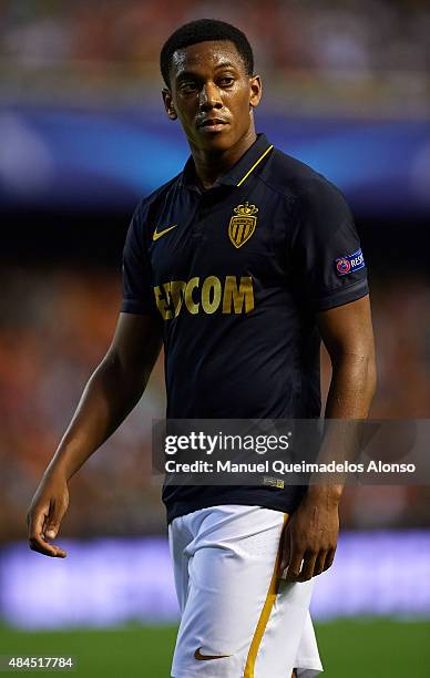 Anthony Martial of Monaco looks on during the UEFA Champions League Qualifying Round Play Off First Leg match between Valencia CF and AS Monaco at...