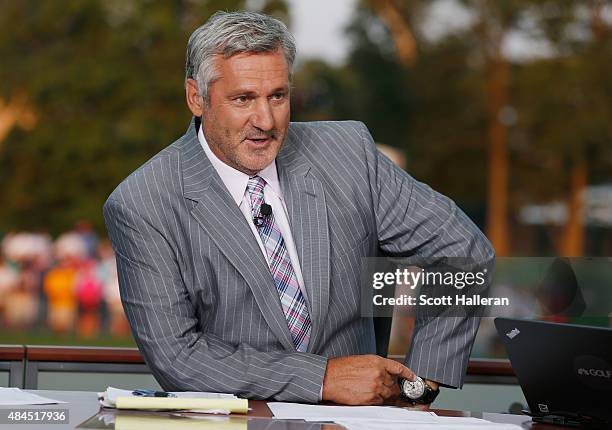 Frank Nobilo reports on the set of Golf Channel after the third round of the 2015 PGA Championship at Whistling Straits on August 15, 2015 in...
