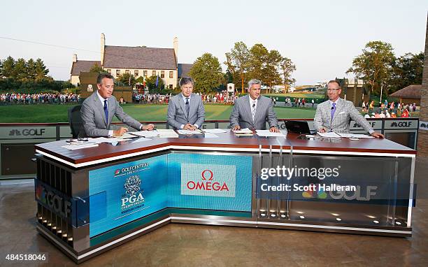 Rich Lerner, Brandel Chamblee, Frank Nobilo and David Duval are seen on the set of Golf Channel after the third round of the 2015 PGA Championship at...