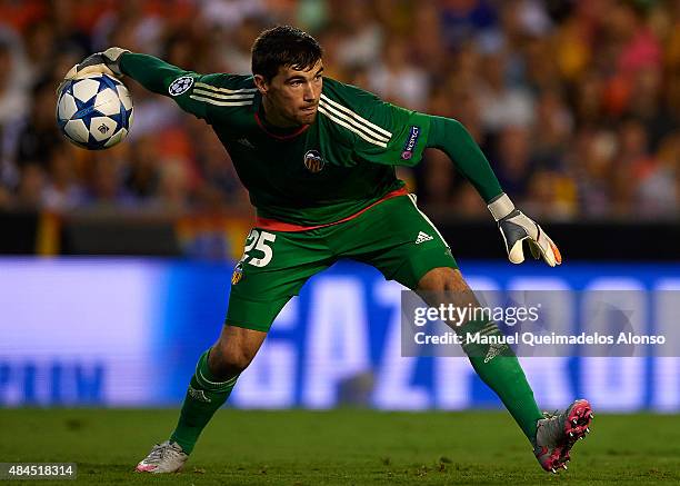 Mathew Ryan of Valencia in action during the UEFA Champions League Qualifying Round Play Off First Leg match between Valencia CF and AS Monaco at...