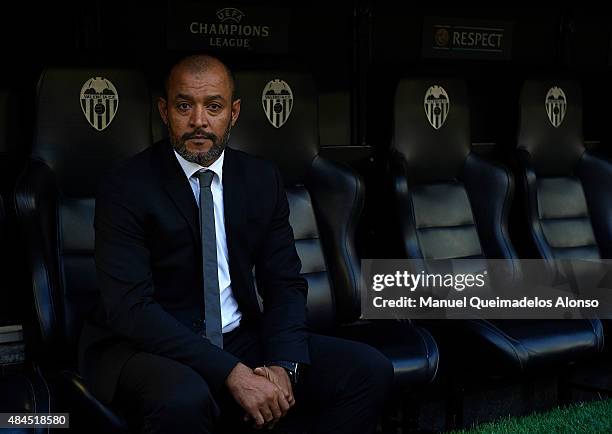 Valencia manager Nuno Espirito Santo looks on prior to the UEFA Champions League Qualifying Round Play Off First Leg match between Valencia CF and AS...