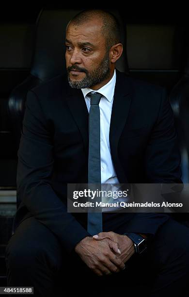 Valencia manager Nuno Espirito Santo looks on prior to the UEFA Champions League Qualifying Round Play Off First Leg match between Valencia CF and AS...