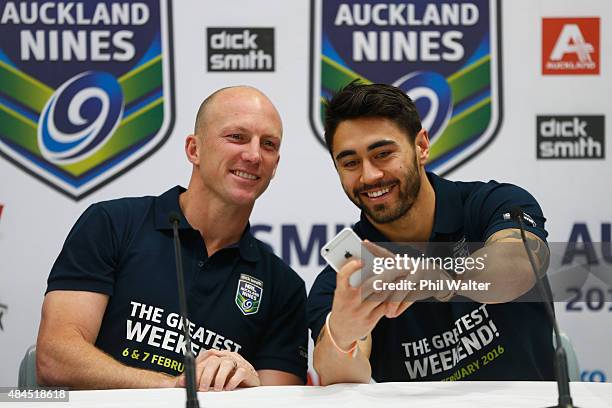 Shaun Johnson of the Warriors takes a selfie photo with Darren Lockyer before a NRL Nines press conference at Dick Smith Manukau on August 20, 2015...