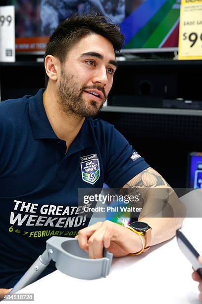 Shaun Johnson of the Warriors speaks during a NRL Nines press conference at Dick Smith Manukau on August 20, 2015 in Auckland, New Zealand.