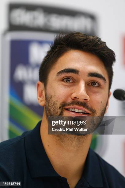 Shaun Johnson of the Warriors speaks during a NRL Nines press conference at Dick Smith Manukau on August 20, 2015 in Auckland, New Zealand.