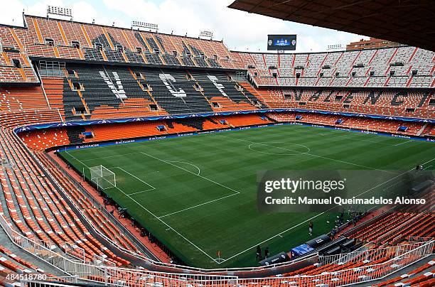 General view of the Mestalla Stadium is seen prior to the UEFA Champions League Qualifying Round Play Off First Leg match between Valencia CF and AS...