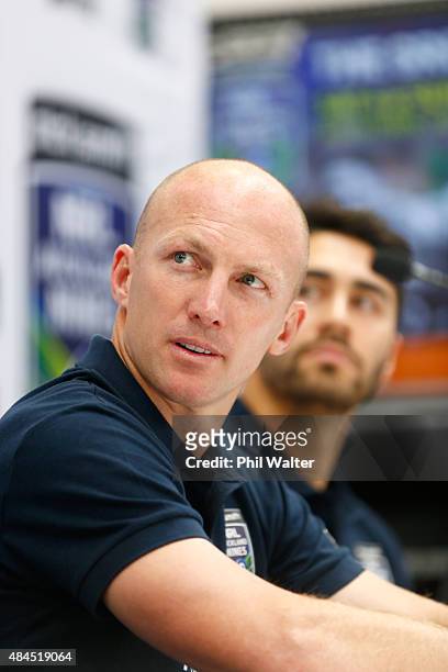Darren Lockyer speaks to media during a NRL Nines press conference at Dick Smith Manukau on August 20, 2015 in Auckland, New Zealand.