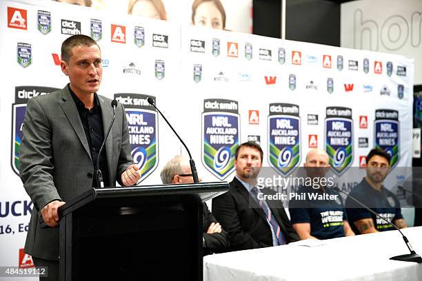 David Higgins of Duco Events speaks to media during a NRL Nines press conference at Dick Smith Manukau on August 20, 2015 in Auckland, New Zealand.