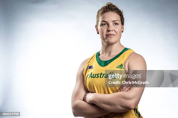 Discus thrower Dani Samuels of Australia poses for a portrait during a photo session at the Athletics Australia training camp on August 17, 2015 in...