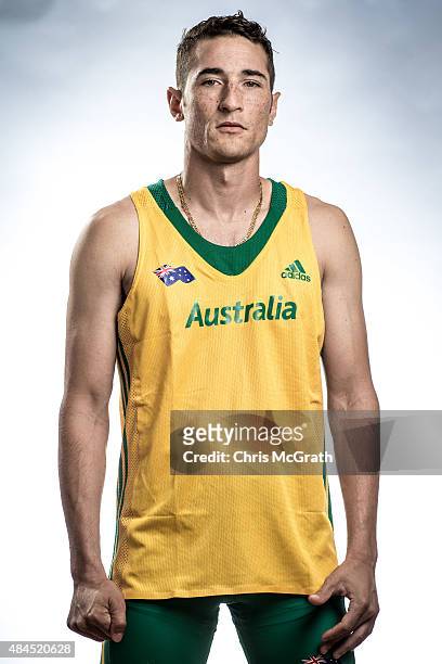 Long jumper Fabrice Lapierre of Australia poses for a portrait during a photo session at the Athletics Australia training camp on August 17, 2015 in...