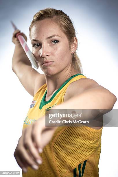 Javelin thrower Kelsey-Lee Roberts of Australia poses for a portrait during a photo session at the Athletics Australia training camp on August 17,...