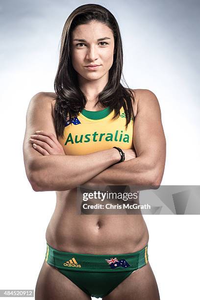 Hurdler Michelle Jenneke of Australia poses for a portrait during a photo session at the Athletics Australia training camp on August 17, 2015 in...