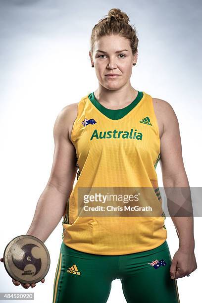 Discus thrower Dani Samuels of Australia poses for a portrait during a photo session at the Athletics Australia training camp on August 17, 2015 in...