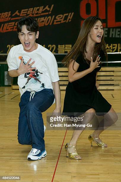 Actor Key of South Korean boy band SHINee performs during the press rehearsal for the musical "In The Heights" on August 19, 2015 in Seoul, South...