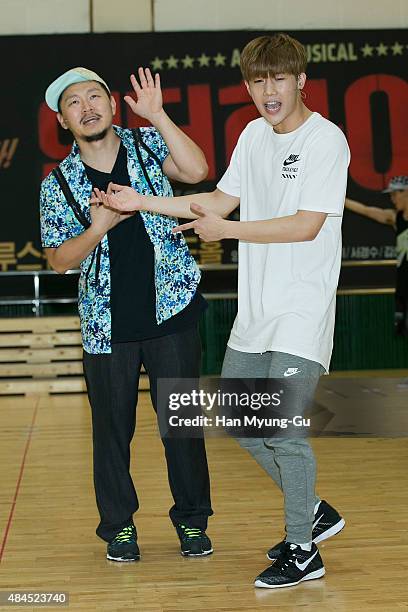 Kim Sung-Kyu aka Sung Kyu of South Korean Boy Band Infinite and actor Yang Dong-Kun perform during the press rehearsal for the musical "In The...