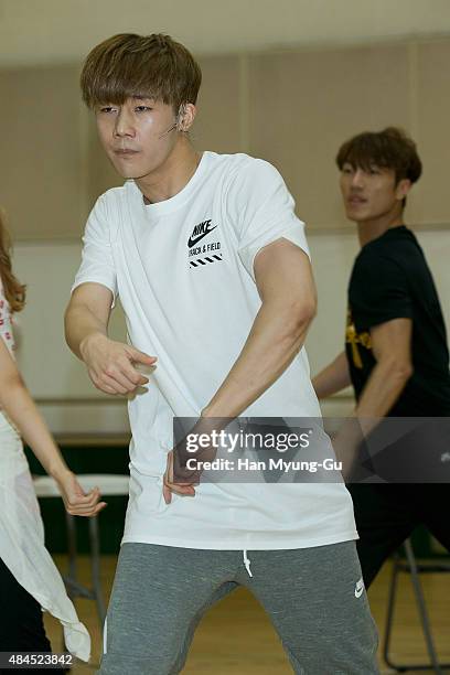 Kim Sung-Kyu aka Sung Kyu of South Korean Boy Band Infinite performs during the press rehearsal for the musical "In The Heights" on August 19, 2015...