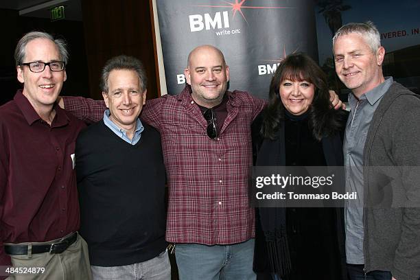 Composers Jeff Beal, Peter Golub, Trevor Morris, Vice president, Film/TV Relations at BMI Doreen Ringer Ross and composer Blake Neely attend the...