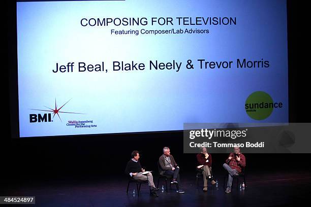 Composers Peter Golub, Blake Neely, Jeff Beal and Trevor Morris attend the Sundance Institute Composers Lab LA on April 12, 2014 in Beverly Hills,...