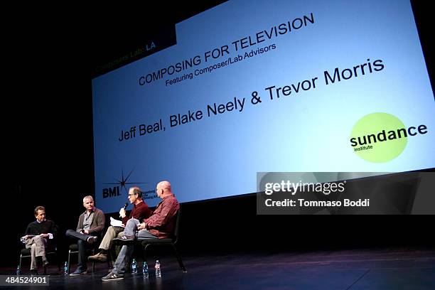 Composers Peter Golub, Blake Neely, Jeff Beal and Trevor Morris attend the Sundance Institute Composers Lab LA on April 12, 2014 in Beverly Hills,...