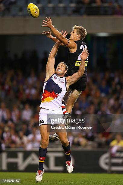 Rhys Stanley of the Saints marks over the top of Ben Rutten of the Crows during the round four AFL match between the St Kilda Saints and the Adelaide...