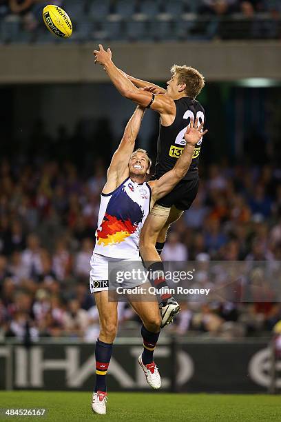 Rhys Stanley of the Saints marks over the top of Ben Rutten of the Crows during the round four AFL match between the St Kilda Saints and the Adelaide...