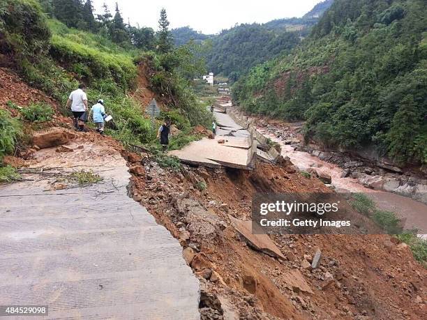 Flood and debris flow caused by the rainstorm on August 18, 2015 in Yongxu County, Luzhou City, Sichuan Province of China. 13 people died and 11...