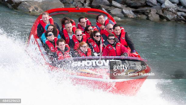 Catherine Duchess of Cambridge and Prince William, Duke of Cambridge travel on the Shotover Jet on the Shotover River on April 13, 2014 in...