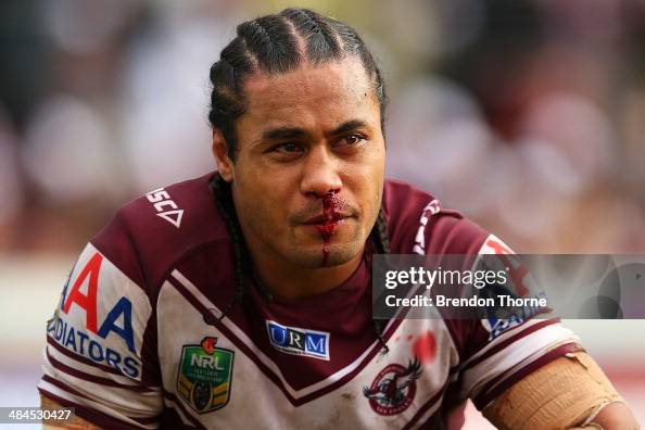 Steve Matai of the Sea Eagles looks on after sustaining a facial ...