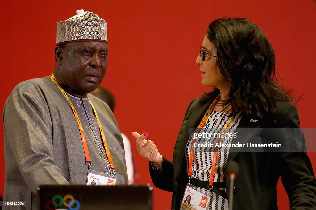 Hamad Rtv Nawal El Moutawakel talks to Colonel Hamad Kalkaba Malboum during the ...