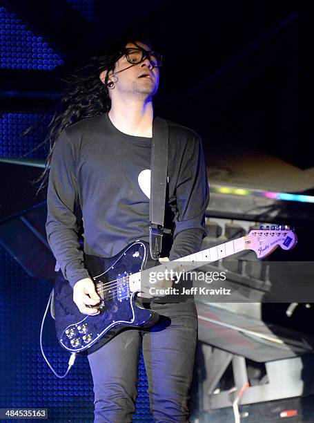 Skrillex performs onstage during day 2 of the 2014 Coachella Valley Music & Arts Festival at the Empire Polo Club on April 12, 2014 in Indio,...