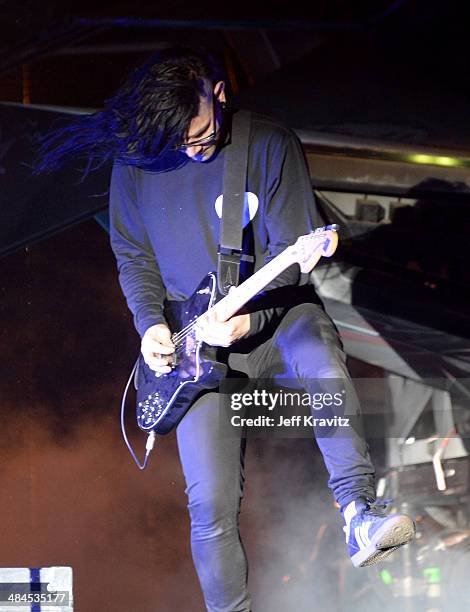 Skrillex performs onstage during day 2 of the 2014 Coachella Valley Music & Arts Festival at the Empire Polo Club on April 12, 2014 in Indio,...