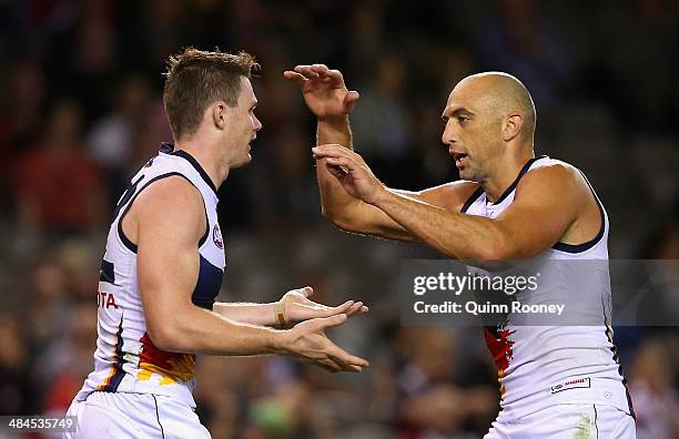 Patrick Dangerfield and James Podsiadly of the Saints celebrate a goal during the round four AFL match between the St Kilda Saints and the Adelaide...